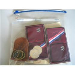 LOT, (4) 1 OZ SILVER COINS, COINS & BELT BUCKLE