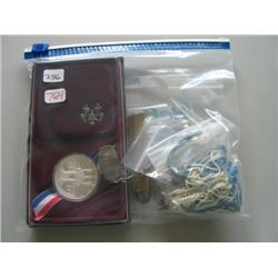 LOT, 1 OZ SILVER COIN & MISC JEWELRY