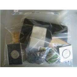 LOT, MISC. JEWELRY, COINS, (2) $1 SILVER CERTS., BOOK