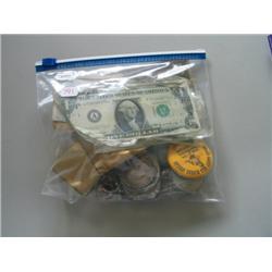 LOT, MISC. JEWELRY, TOKENS, SILVER DOLLAR BUCKLE, (2) METAL BOXES & PAPER MONEY