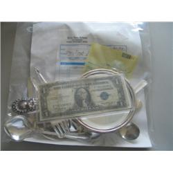 LOT, ASSORT SILVERWARE, SILVER MIRROR, $2 NOTE, $1 SILVER CERT., ARROW HEADS & PAPERS