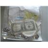 Image 1 : LOT, ASSORT SILVERWARE, SILVER MIRROR, $2 NOTE, $1 SILVER CERT., ARROW HEADS & PAPERS