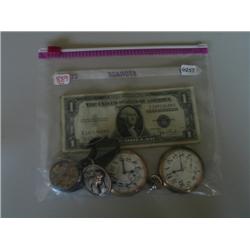 LOT, (8) $1 SILVER CERT., (2) POCKET WATCHES & WATCH