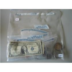 LOT, 1889 & 1923 SILVER DOLLARS, MISC. US & FOREIGN COINS, 1935 SILVER CERT., 1953 $2 BILL, 1981 SUN