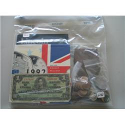 LOT, 1992 BRITISH UNCIRCULATED COIN SET, 1898 SILVER DOLLAR, 1937 CANADIAN DOLLAR, MISC. US & CANADI