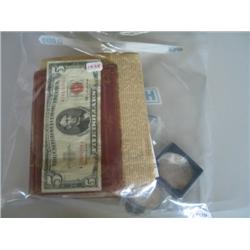 LOT, 1899 SILVER DOLLAR, 1963 $5 BILL, 1923 SILVER DOLLAR, 1993 JOE CAMEL TOKEN, MISC. COINS & 1873 