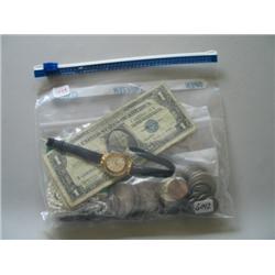 LOT, MISC. US & FOREIGN COINS, (3) SILVER CERTS., 1928 $2 BILL, MISC. PINS, WATCH & FRESH WATER PEAR