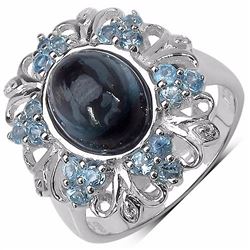 Sterling Silver Cabochon London Blue Topaz and Baby Swiss Blue Topaz Ring