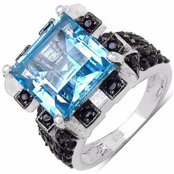 Sterling Silver Blue Topaz and Black Spinel Ring