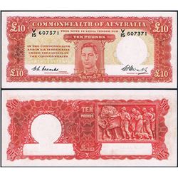 Australia, KGI, Ten Pounds, Coombs/Watt, 1949, (R.60F), First Prefix, V15/607371, gEF