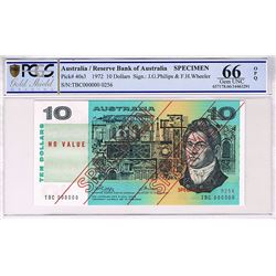 Australia, QEII, Ten Dollars, Phillips/Wheeler, 1972, Type III Specimen, TBC 000000 - PCGS 66 OPQ