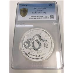 Australia, QEII, Perth Mint, Silver 1kg, Year of the Snake, 2013, PCGS MS69