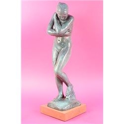 Shy Nude Girl Bronze Statue With Green Patina