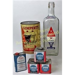 6 Adv pieces 5 tins, Gumpert's Tapioca Creme Dessert, 4 smokeless powder tins, 1 Gilbey's Vodka back