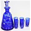 Image 1 : Cobalt blue cut to clear decanter set with 5 matching shot glasses.  Est. 75-150