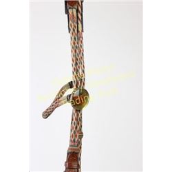 Hitched horsehair bridle w/Idaho prison-made bit red, white, and blue diamond patterns on bridle, ro