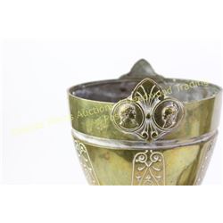 Pair of late Victorian brass urns Engraved with Roman busts on black granite bases.  Unusual.  14” t