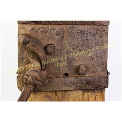 Early wood and iron wagon jack hand forged ratcheting mechanism, dated 1880 by blacksmith, 20” tall.