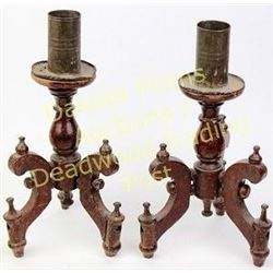 Pair wood and metal matching candle holders dating mid to later 19th century 13" tall.  Est. 50-150