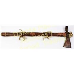 Brass pipe tomahawk carved wood stem, shows old museum number, marked Canadian Cree circa 1890, from