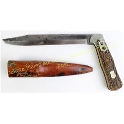 Antique Weidmann's folding lever lock bowie knife with stag handles, 7" clip point blade and origina