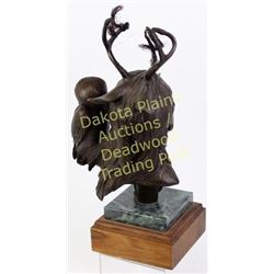 Nicely accomplished bronze of a Native American bust with owl on shoulder by deceased artist Tim Dav