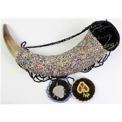 C. 1920's salt and pepper beaded cowhorn pin cushion with medallion drops in fine condition, 12" lon