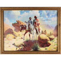 Vintage lithograph of Navajo Indians on horseback showing great colors, original frame, unsigned, 10