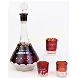 Collection of 4 early ruby red to clear glassware liquor decanter advertising Summit Liquor Co., thr