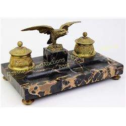 Impressive 19th century double inkwell black marble with brass hardware and eagle. Original porcelai