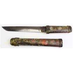 Japanese Tonto style knife with etched scabbard brass mounts, blade 8" long, 13" overall.  Est. 150-