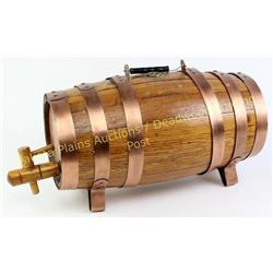 NIce oak wooden key with copper bands wire bail handle and wooden spigot, 21" X 11" overall.  Est. 5