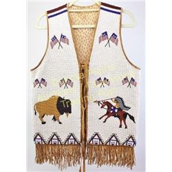 Fully beaded vest, mens contemporary pictorial showing fine condition, white background, tan, browns