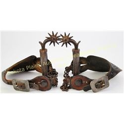 Early unmarked California drop shank cowboy spurs single mounted with original heel chains and great