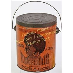 Scarce N***er Hair Smoking Tobacco tin litho with great graphics, original lid and wire handle, 5 1/
