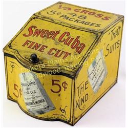 Sweet Cuba counter top store tin with hinging lid and the harder to find example 1/3 gross. Good lit