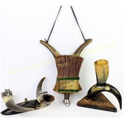 Collection of 3 vintage horn items includes dust broom holder and 2 ash trays.  Est. 150-250