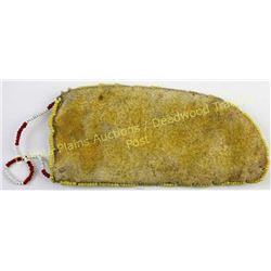 Small Sioux childs knife sheath beaded on native tanned leather sinew sewn on main panel in white ce