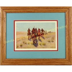 Original 1920 Fred Harvey litho "Apache War Party" nicely framed and double matted, image 7" X  10".