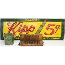 Collection of 3 antique cigar items includes metal embossed Nebraska made Kipp Cigar 5c sign 13 1/2"