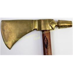 Brass head pipe tomahawk with carved stem 17" long with small beaded drop and applied German nickel 