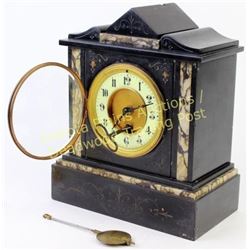 19th C. black marble mantle clock with porcelain dial, handpainted numerals, 10 1/2" tall, unmarked,
