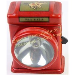 New Old stock 1930's Trail Blazer flashlight with original cowboy and horse decal intact, 4" tall, s