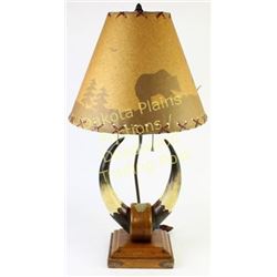 Steer horn and oak electrified table lamp repurposed from an early dinner gong, 14" to tip of horns 