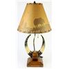 Image 1 : Steer horn and oak electrified table lamp repurposed from an early dinner gong, 14" to tip of horns 