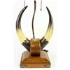 Image 2 : Steer horn and oak electrified table lamp repurposed from an early dinner gong, 14" to tip of horns 