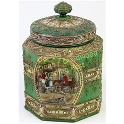 Fine Nippon tobacco humidor with portrait hnt dog panel scene, bottom marked Hand Painted Nippon. Hu