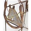 Image 1 : Ornimental iron saddle stand with cutour iron horse head plaques on each end, 37" tall.  Est. 100-20