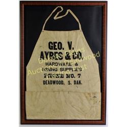 George Ayres Hardware store apron advertising Hardware and Mining supplies Deadwood SD.  Est. 75-175