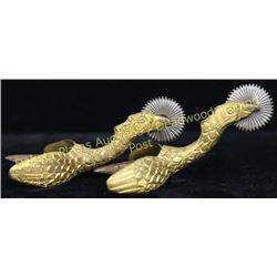 Pair Deeley stamped eagle head military box spurs gold gilded, stamped on spike, fine small 3/4" saw